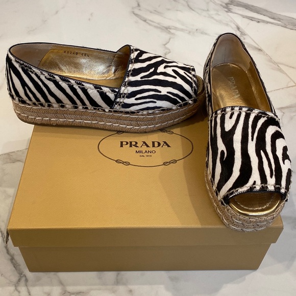 Prada Shoes - Prada Zebra Print Calf Hair Platform Espadrille Wedge Sandals Size 10.5